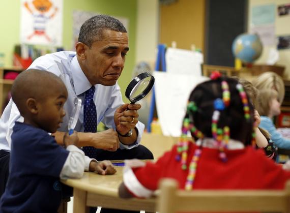 U.S. President Barack Obama at a pre-kindergarten classroom at College Heights early childhood learning center in Decatur, Georgia. (Jason Reed/Reuters) 
