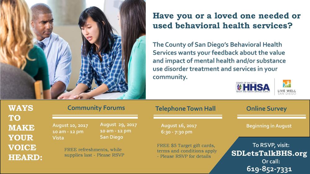 Register TODAY for San Diego County BHS Community Engagement Forums