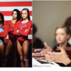 Ajudge: Left: US Olympic’s Gymnastics Team: Laurie Hernandez, Gabby Douglas, Simone Biles, Aly Raisman, and Madison Kocain  Right: Judge Rosemarie Aquiline