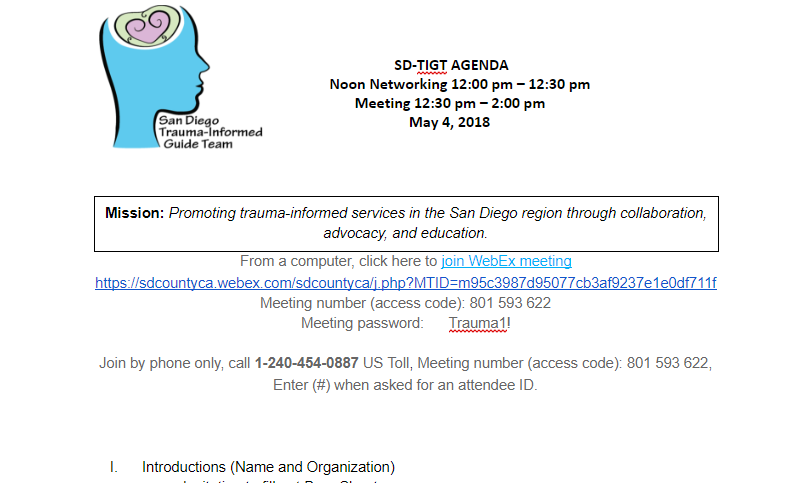 San Diego Trauma-Informed Guide Team (SD-TIGT) Meeting - Friday, May 4th: Networking at Noon and Meeting from 12:30 pm to 2:00 pm