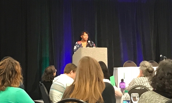 Ingrid Cockhren, Midwest Regional Community Facilitator for ACEs Connection, delivers the keynote address at the Faces of ACEs conference, Bloomington, Indiana, April 12, 2019.
