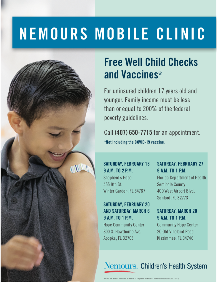 Nemours Mobile Clinic - Free Well Child Checks and *Vaccines