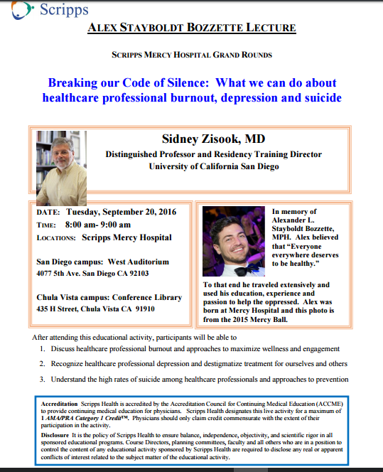Breaking our Code of Silence: What we can do about healthcare professional burnout, depression and suicide (Scripps Mercy Hospital)