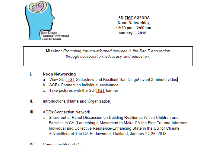 San Diego Trauma-Informed Guide Team (SD-TIGT) Meeting - Friday, January 5th: Networking at Noon and Meeting from 12:30 pm to 2:00 pm