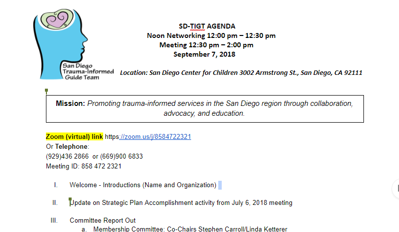San Diego Trauma-Informed Guide Team (SD-TIGT) Meeting - Friday, September 7th: Networking at Noon and Meeting from 12:30 pm to 2:00 pm