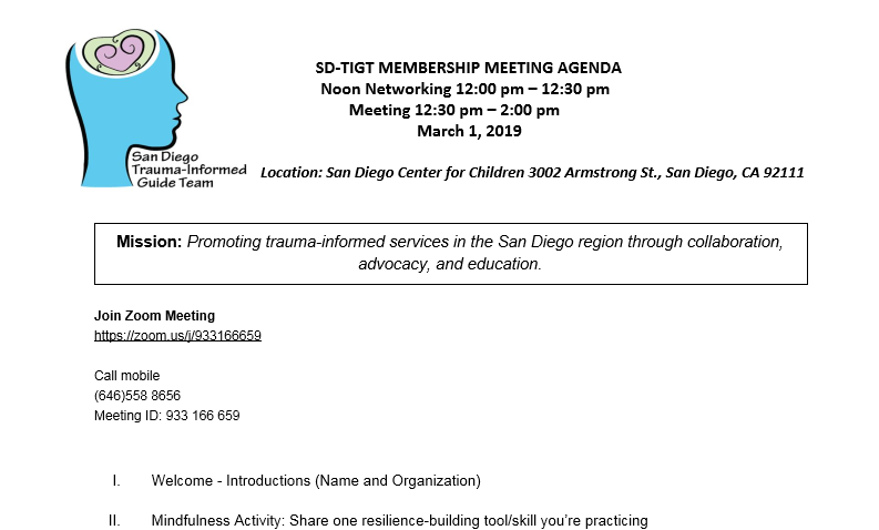 San Diego Trauma-Informed Guide Team Membership meeting.