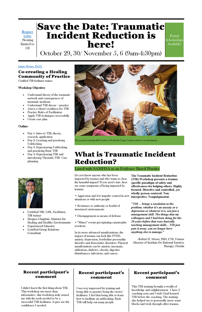 Traumatic Incident Reduction In Person Training, October 29/30, November 5/6